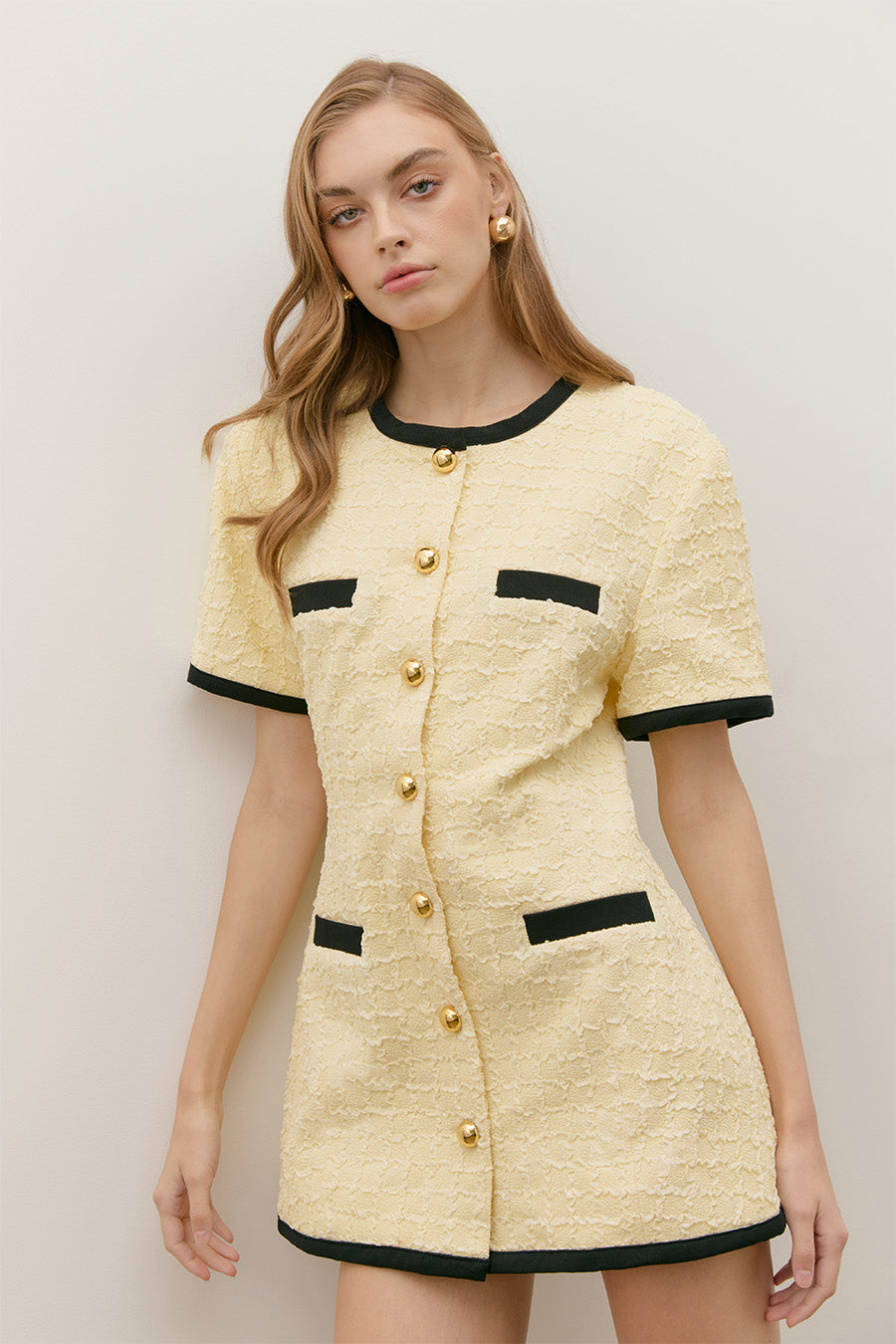 Chic gold buttons all the way down mini dress