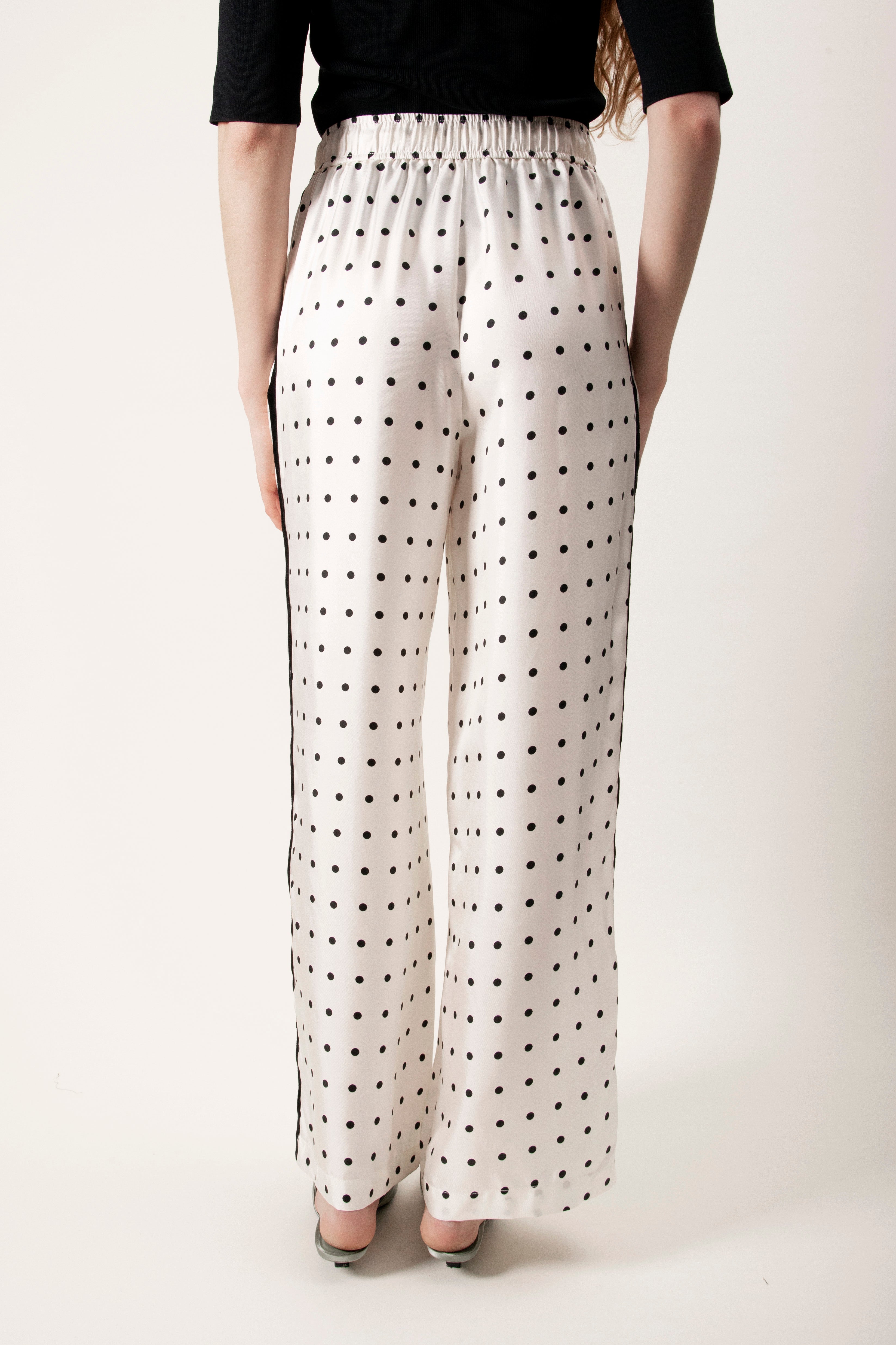ivory base with refined polka-dot pattern, fluid wide-leg silhouette, elegant drawstring waist
