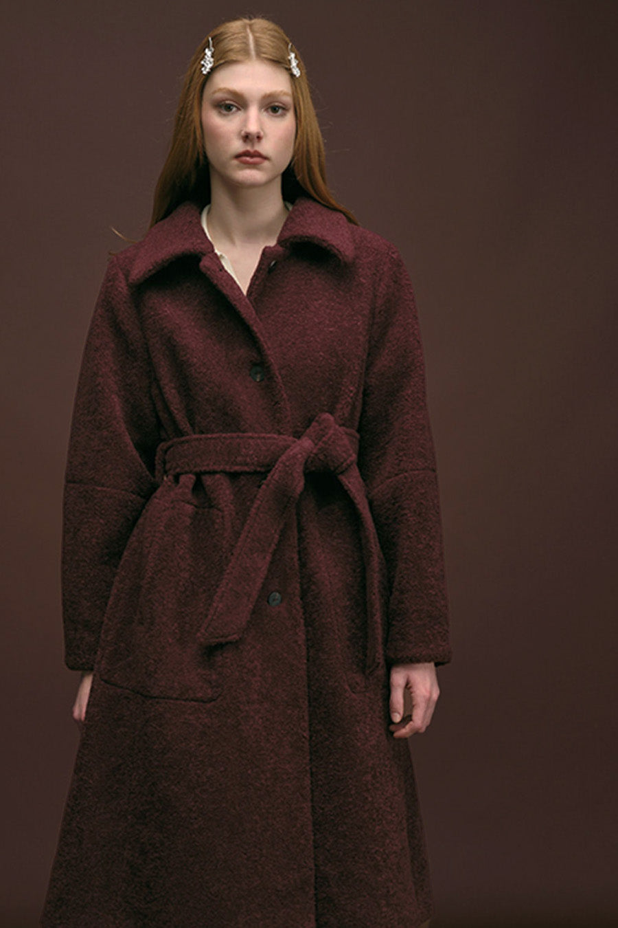 deep burgundy, belted, long wool coat, minimalist/elegant style