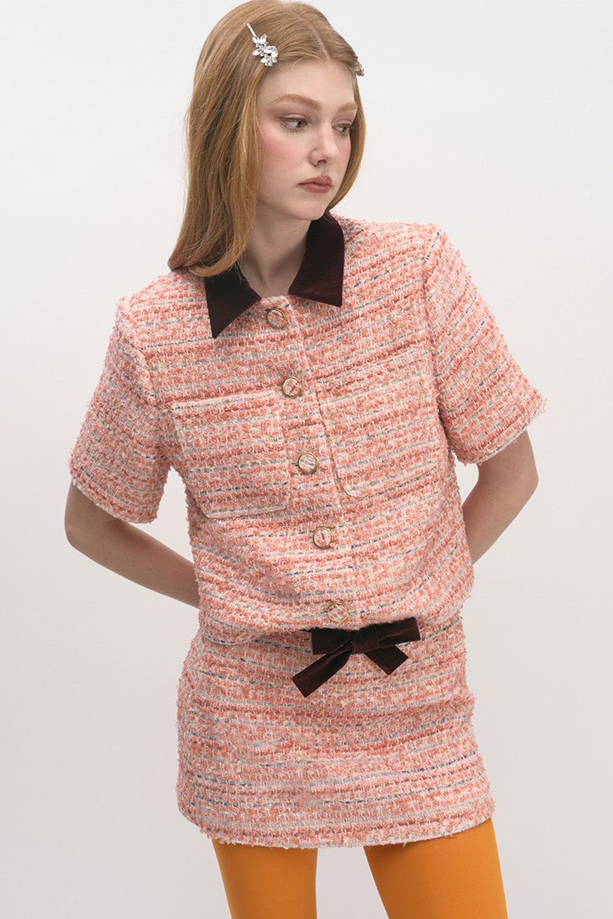 Bouclé Mini Skirt with Velvet Bow Detail