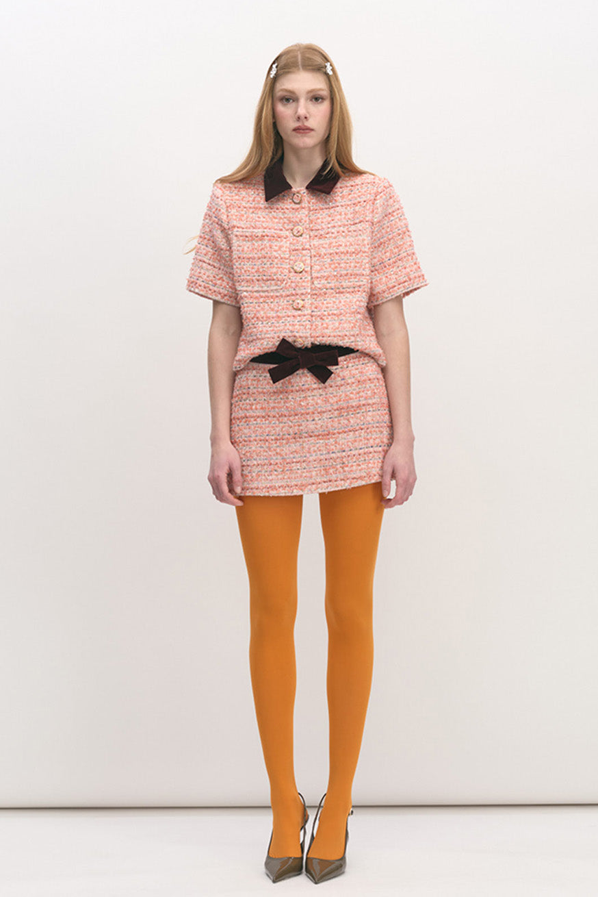 Textured Tweed Top with Contrast Collar