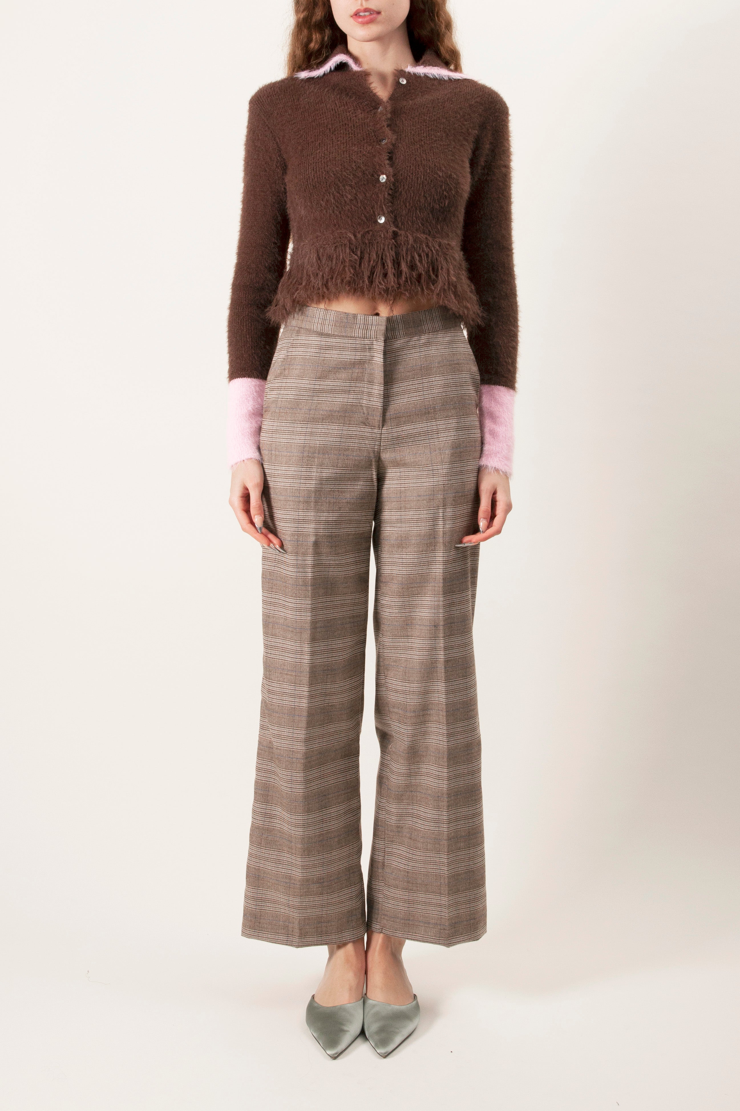 Cropped Textured Knit Cardigan with Ruffle Hem