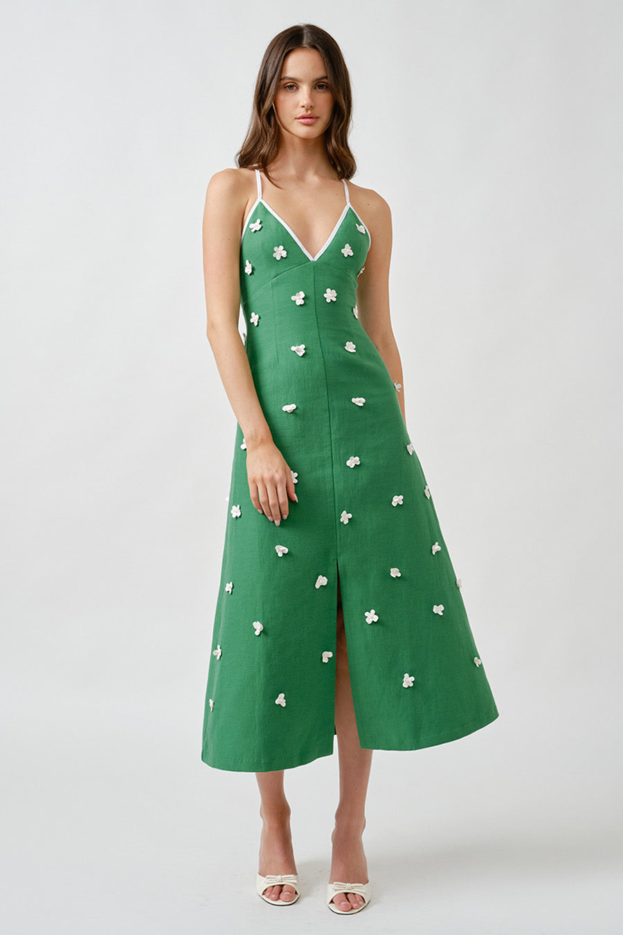 Vector Maude Green Robe KIMBERLY DRESS Luxury Embellished Green Midi Dress with Floral Detail ...